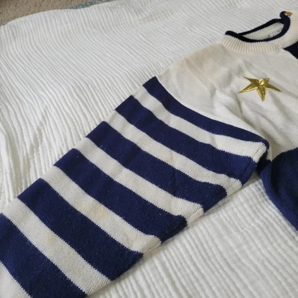 Vtg 80s Womens S Crewneck Sweater Navy White Gold Stars Stripes American Wool